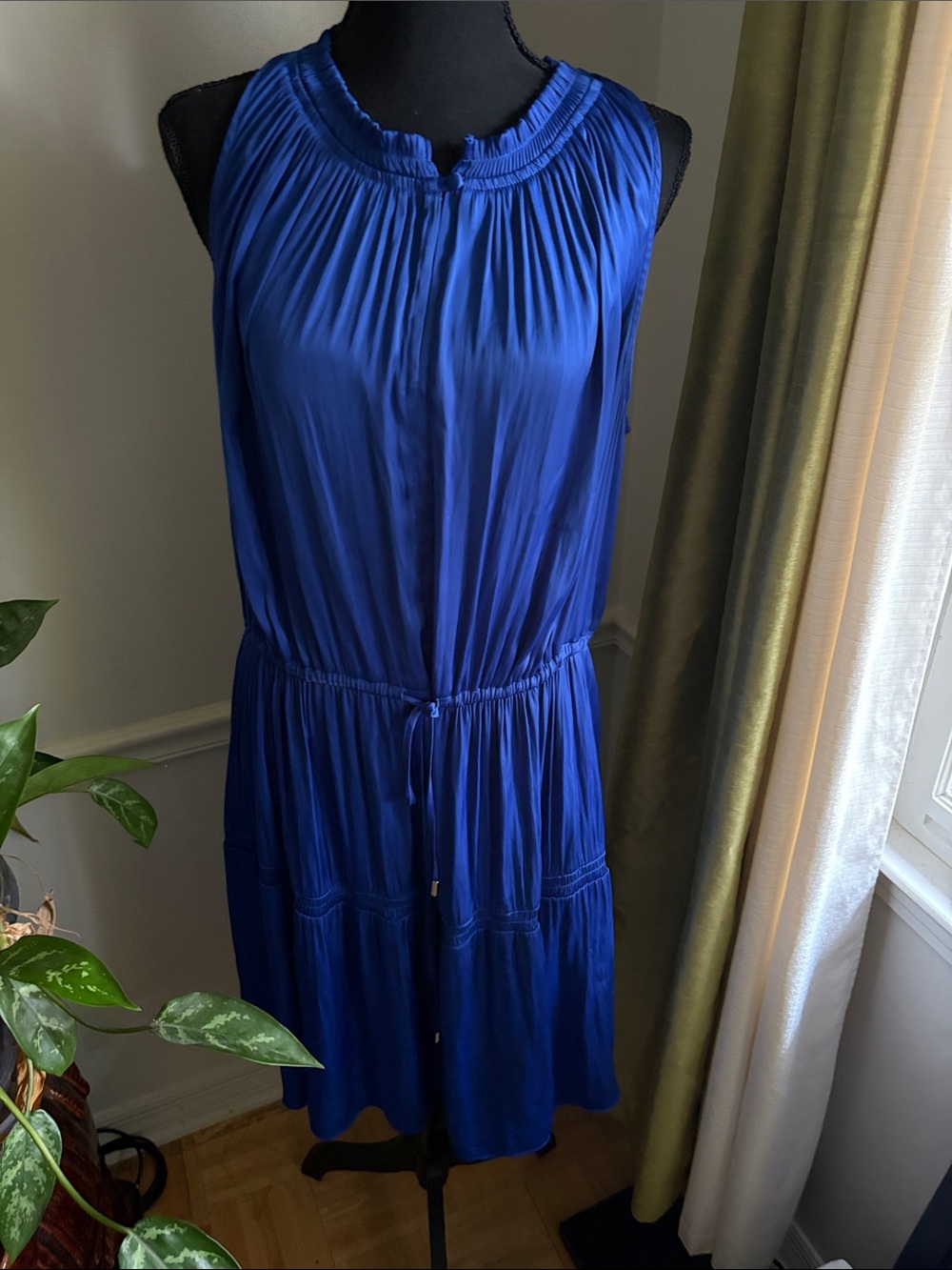 Sleeveless Drawstring Waist Blue Sundress